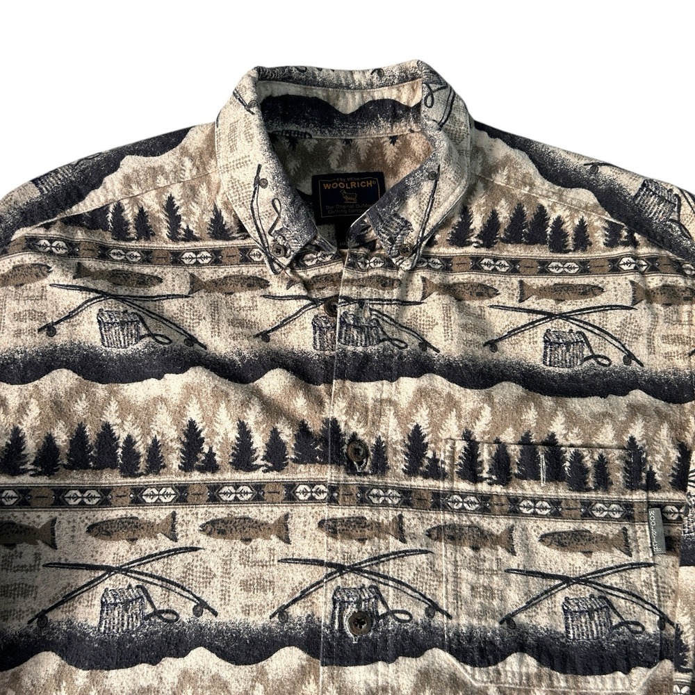 Vintage Woolrich Shirt Mens XL 90s‎ Cabincore Fish Beige Flannel Outdoor Read